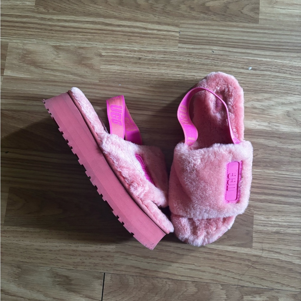 UGG Pink Fluffy Platform Sandals